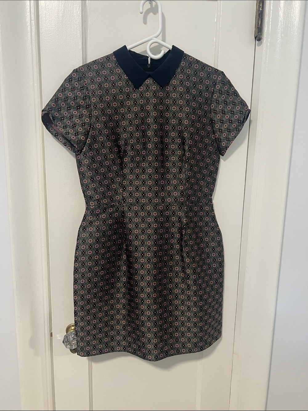 Club Monaco Navy Geometric Short-Sleeve Mini Dress with Collar - pink accents.